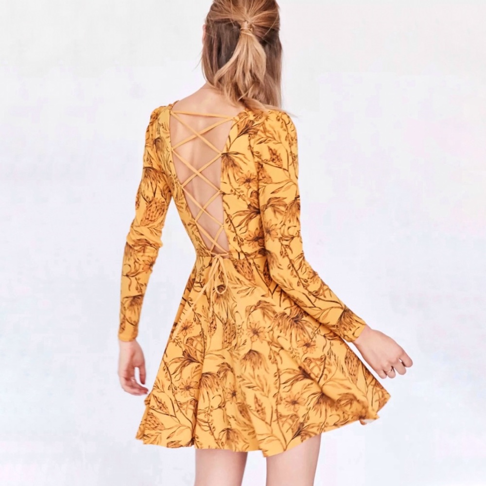 Kimchi blue yellow floral lace up open back dress